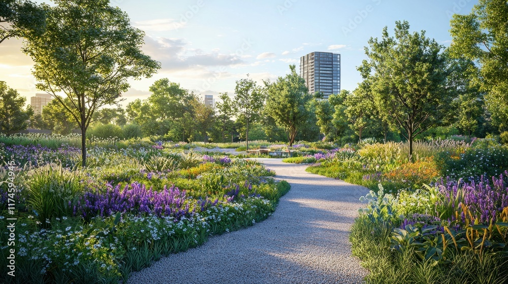 Obraz premium Urban park walkway showcasing diverse flora and fauna