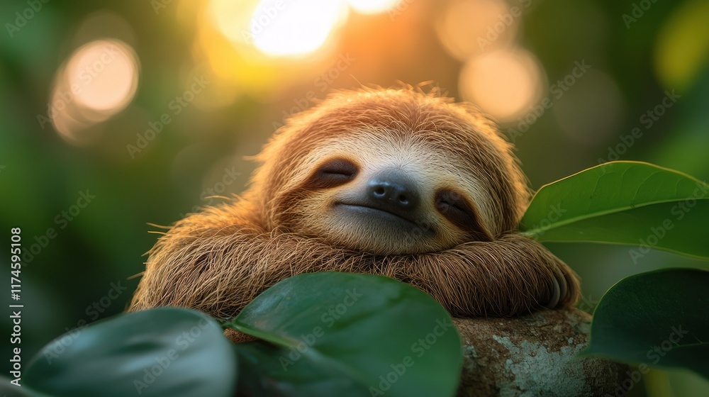 Fototapeta premium A sloth peacefully resting among leaves with a soft smile, illuminated by warm sunlight.
