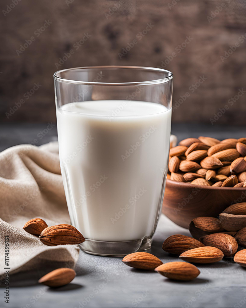 Almond milk in a glass with a bowl of almonds, placed on a wooden table, healthy snack, vegan food, plant-based beverage, natural ingredients, rustic setting, nutritious option, simple and fresh, crea Almond milk in a glass with a bowl of almonds, placed on a wooden table, healthy snack, vegan food, plant-based beverage, natural ingredients, rustic setting, nutritious option, simple and fresh, crea