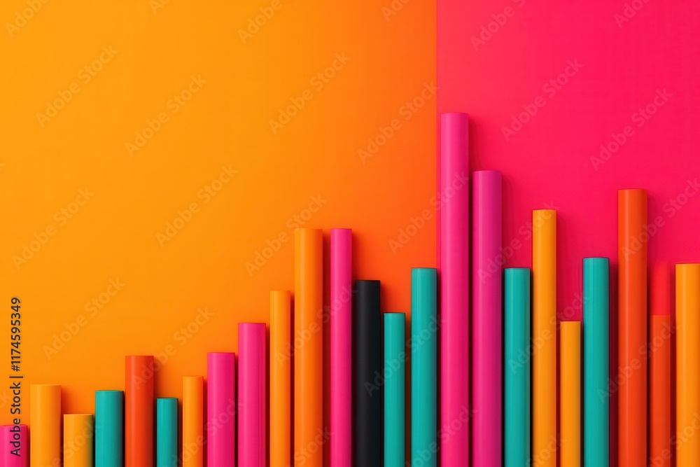 A vibrant abstract composition featuring colorful vertical bars against a gradient background of orange and pink hues.