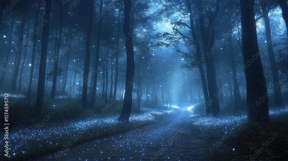 Fototapeta premium Mystical moonlit forest path with glowing fireflies.