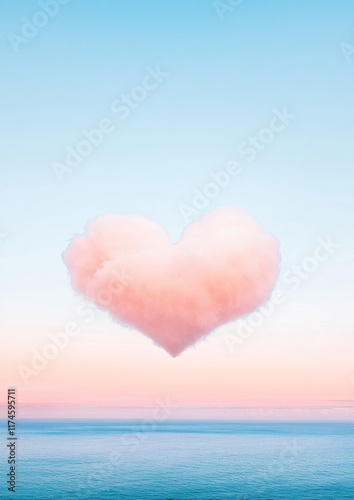 Romantic Valentine’s Day Sunset Over Ocean with Heart-Shaped Cloud in Soft Pink and Orange Hues