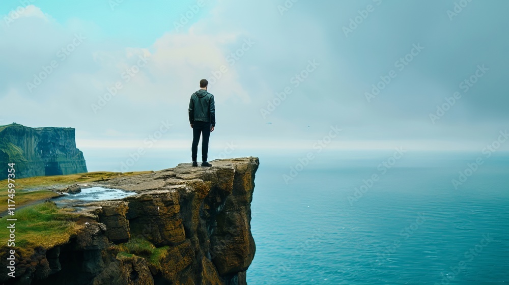 Obraz premium A lone man stands at the edge of a cliff, surveying the vast ocean and dramatic cliffs in the distance, conveying a sense of solitude and contemplation.