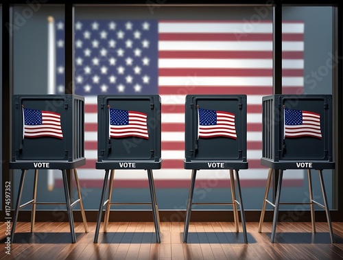 Empowering Democracy: A Symbolic View of Voting Booths with the American Flag, Highlighting the Importance of Civic Duty, Voter Participation, Electoral Integrity, and the Right to Vote in the United  photo