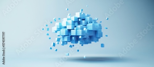Abstract 3D blue cubes exploding.