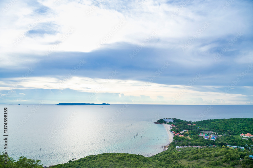top view of Tropical white sand beach and sea at samea beach on larn island, Pattaya City, Chonburi, Thailand