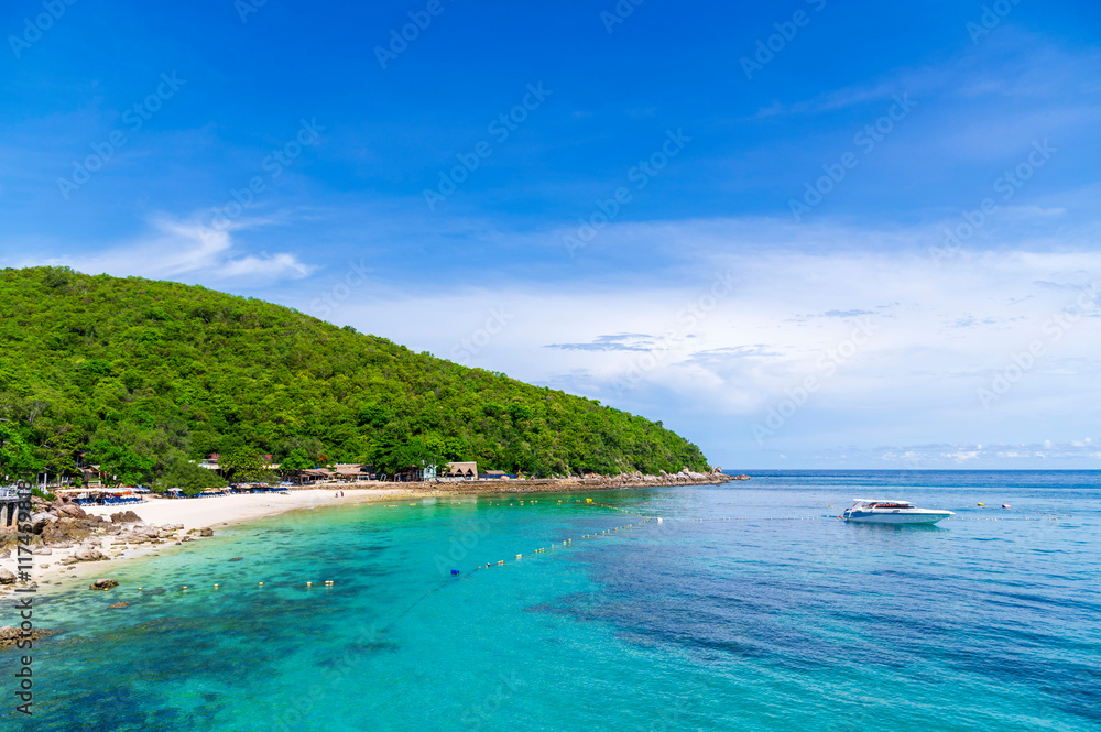 Tropical white sand beach and sea at sangwan beach on larn island, Pattaya City, Chonburi, Thailand