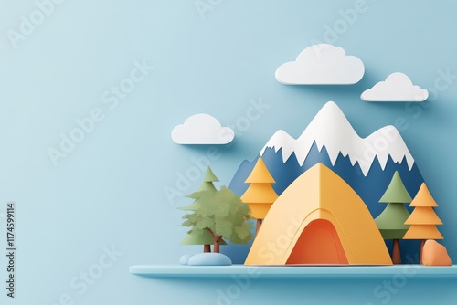 Brightly colored camping scene showcasing a tent, trees, and mountains set against a tranquil blue background photo