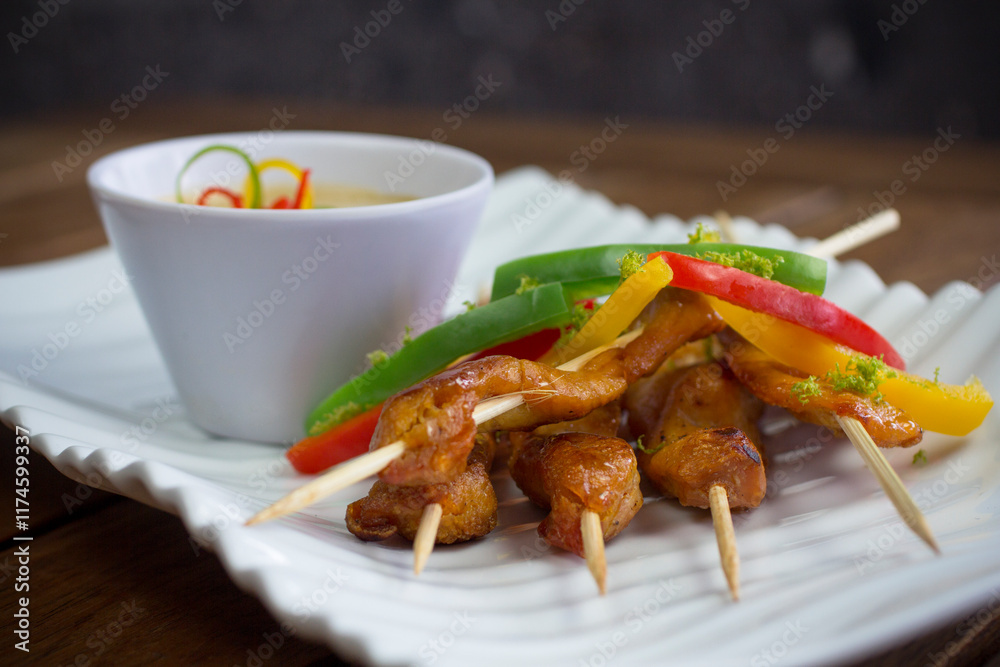 Low-angle view of vibrant glazed chicken skewers with roasted bell peppers, lemon zest, and creamy spicy mayonnaise, set against a dark blurred background. Low-angle view of vibrant glazed chicken skewers with roasted bell peppers, lemon zest, and creamy spicy mayonnaise, set against a dark blurred background.