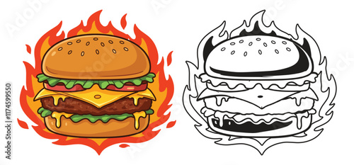 Delicious Burger Cheese With Fire in vector illustration with white background 