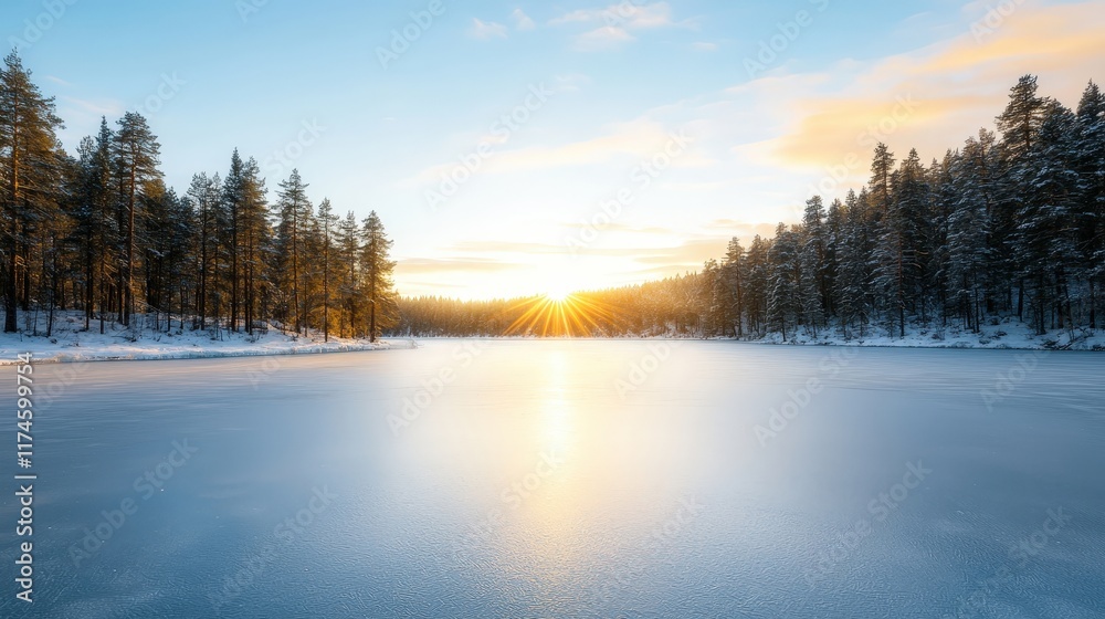 A lake with a bright sun shining on it A lake with a bright sun shining on it