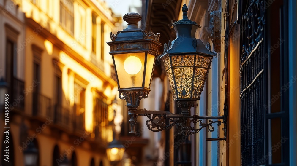 Fototapeta premium Ornate street light and historic architecture in Seville, Spain