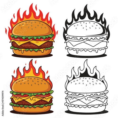 Delicious Burger Cheese With Fire in vector illustration with white background 