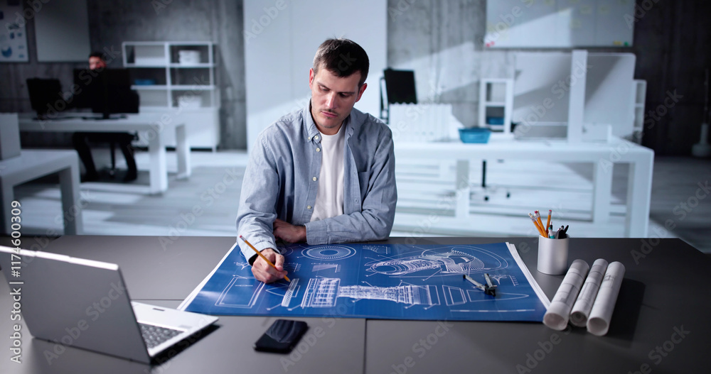 Design Industry And Development. Machine Blueprint At Factory Design Industry And Development. Machine Blueprint At Factory