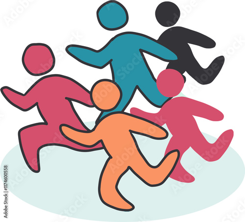 Community Charge Colorful Running Figures Art. Ideal for use in motivational materials, team-building resources, or any project emphasizing collective effort and activity.