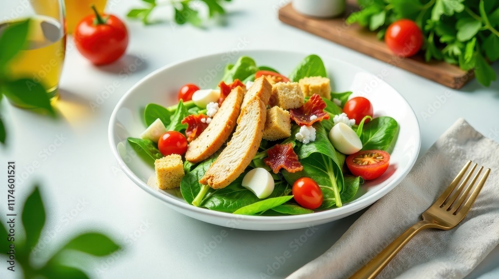 A vibrant and healthy spinach salad featuring grilled chicken, crispy bacon, and creamy cheese cubes, accompanied by juicy cherry tomatoes and crunchy croutons, served on a clean white plate. A vibrant and healthy spinach salad featuring grilled chicken, crispy bacon, and creamy cheese cubes, accompanied by juicy cherry tomatoes and crunchy croutons, served on a clean white plate.