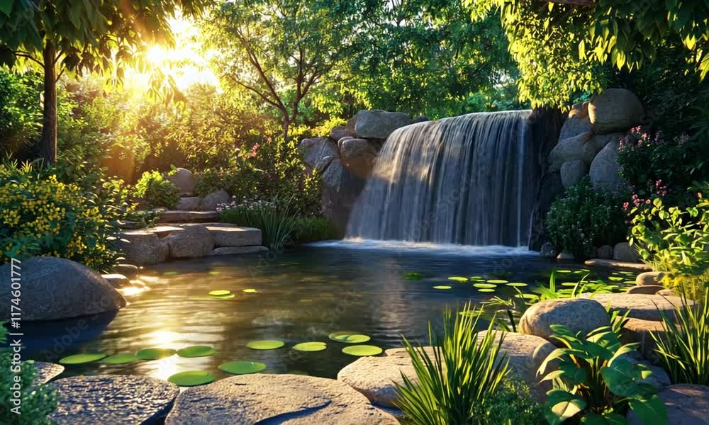 Peaceful waterfall view in a tranquil paradise garden at sunset