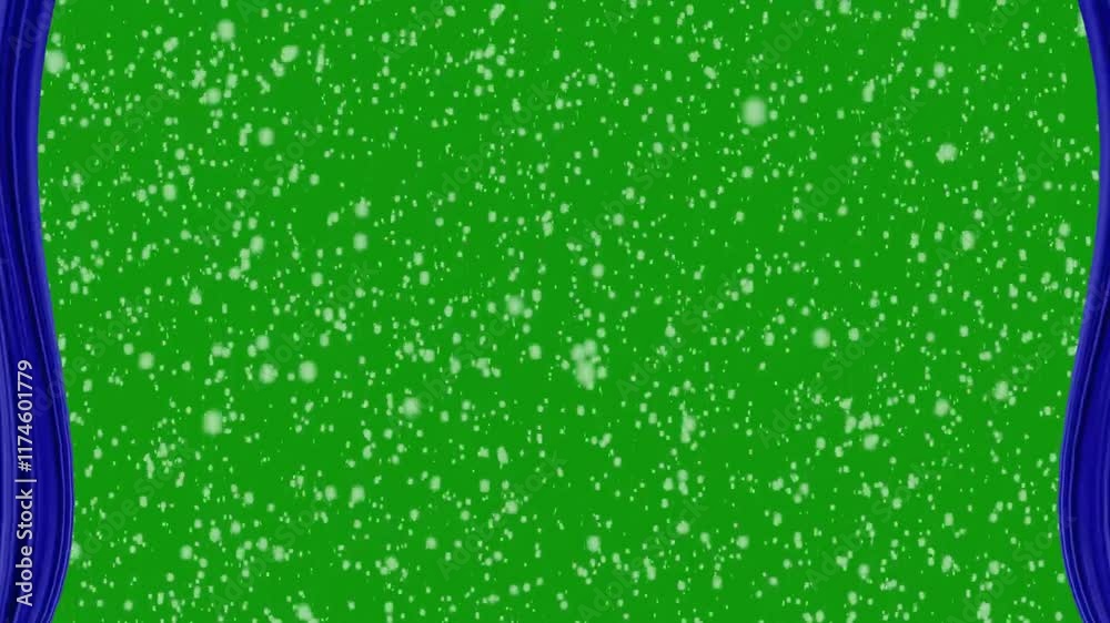 Blue curtain open on stage in green screen with snowfall overlay.