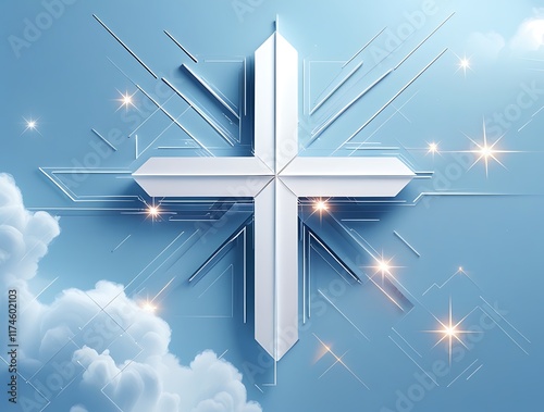 A luminous cross symbolizing faith and spirituality, surrounded by soft clouds and radiant light, reflecting hope, divine connection, and heavenly inspiration, creating a serene and uplifting visual e photo