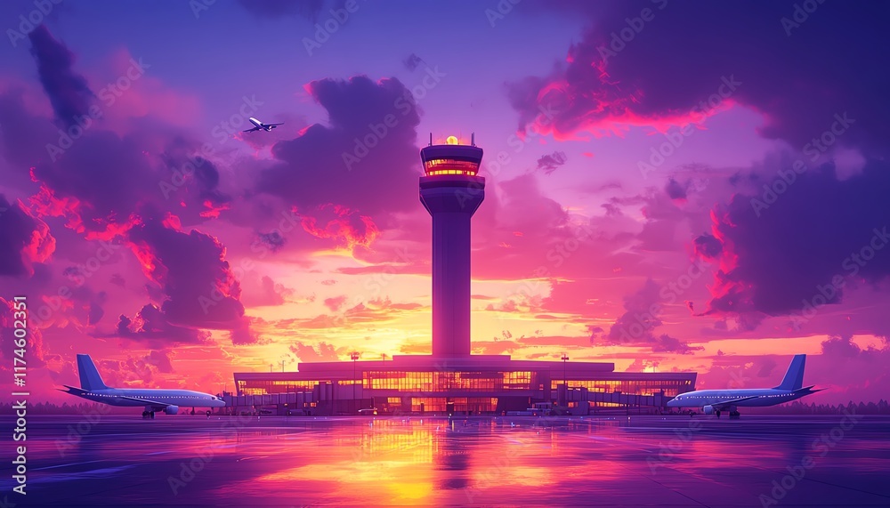 Obraz premium Isometric low poly airport terminal during a radiant sunset, vibrant jets landing on apron, sleek control tower silhouetted against vivid sky, cinematic and surreal beauty