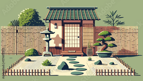 A serene front garden with raked gravel, a few strategically placed rocks, a small stone lantern, and a bonsai tree, surrounded by bamboo fencing, creating a peaceful Zen-like atmosphere