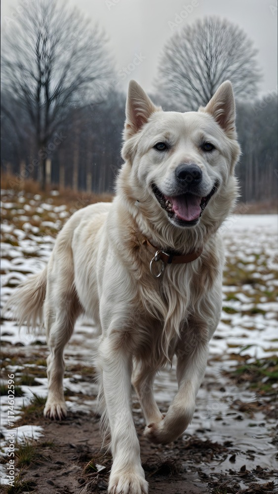 Obraz premium Energetic White Dog Running on a Snowy Path in a Winter Landscape