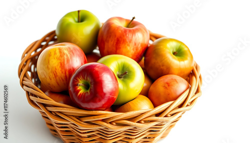 A close-up view of a variety of apples—red, green, and a mix of colors—nestled in a light brown wicker basket.