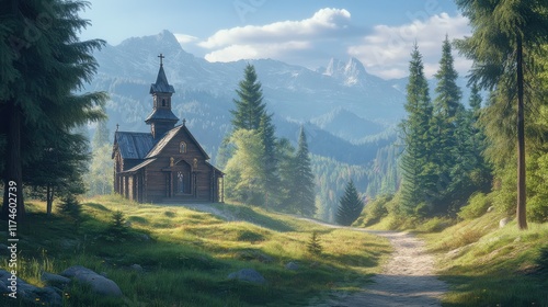 small Wooden Orthodox church in Vorohta, Carpathian mountains, Ukriane photo