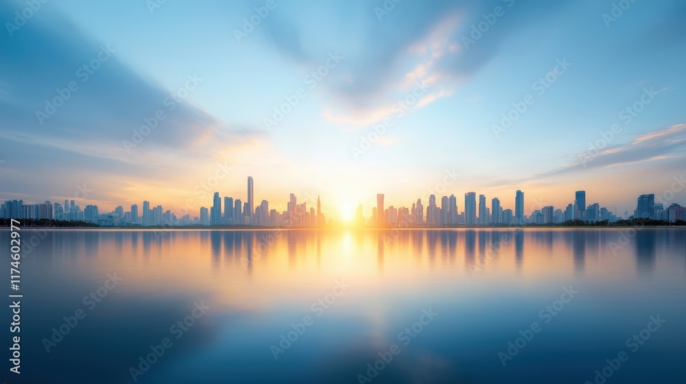 Fototapeta premium A city skyline is reflected in the water as the sun sets
