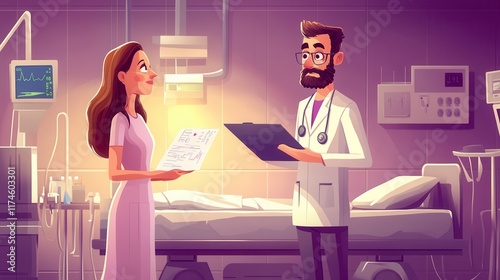 Doctor explaining a medical chart to a patient cartoon-style 