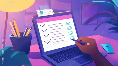 A close-up of a to-do list with checkmarks next to completed goals, a hand holding a pen, and a laptop with a goal-setting app open
