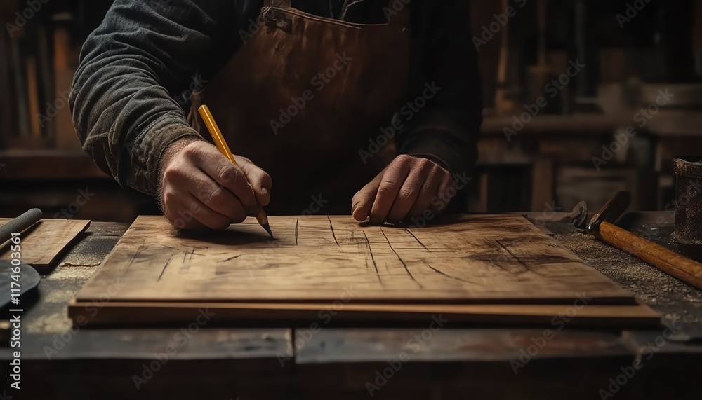 A carpenter marking wooden boards with a pencil and ruler, surrounded by woodworking tools, detailed closeup of hands at work, home construction and DIY theme A carpenter marking wooden boards with a pencil and ruler, surrounded by woodworking tools, detailed closeup of hands at work, home construction and DIY theme
