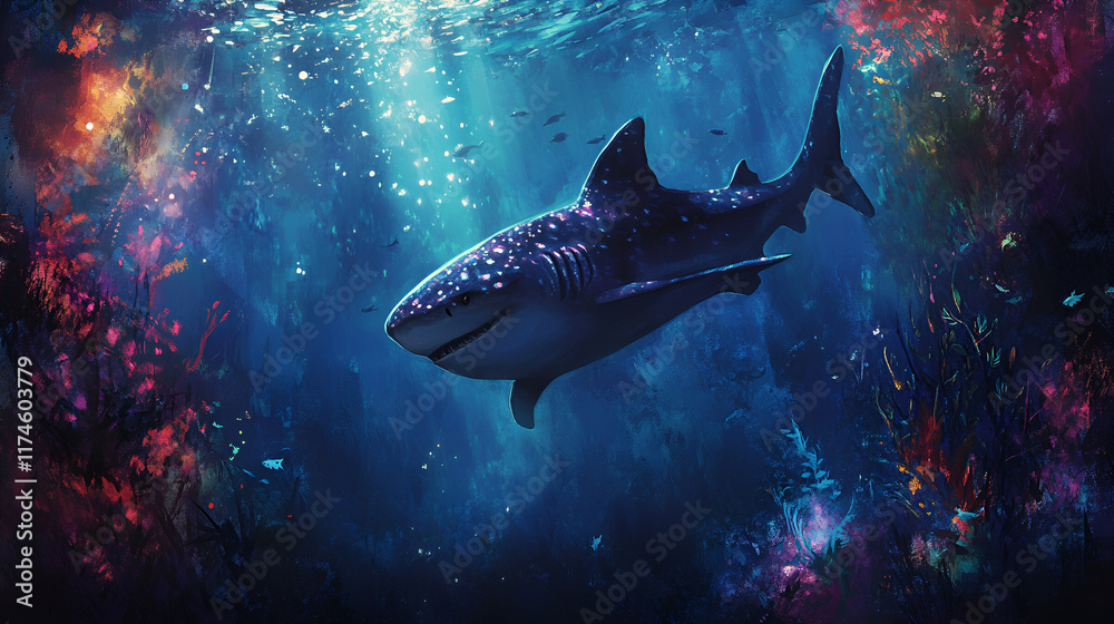 Naklejka premium A powerful shark gliding through the dark depths of the ocean, showcasing the beauty and mystery of the deep sea environment