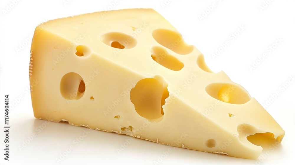 close-up of a piece of cheese with holes. Emmental cheese triangle, Swiss cheese, isolated on white background. High resolution image
