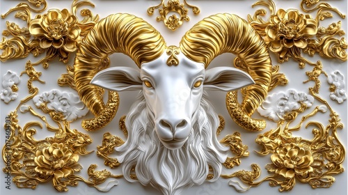 A stunning ram head sculpture adorned with intricate golden floral details. photo