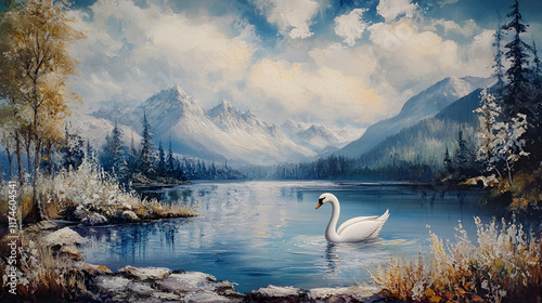 A graceful swan gliding peacefully across the calm lake, surrounded by lush greenery and serene reflections