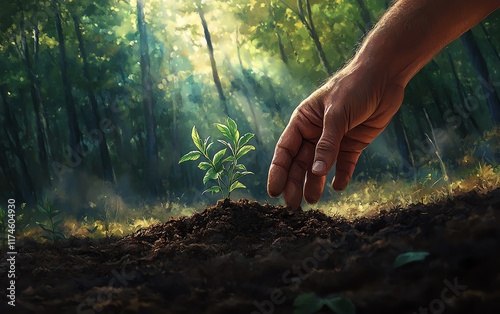 A man s hand cupping fertile soil with a thriving green sapling, framed by a serene forest background, rich natural tones, photorealistic detail, Earth Day theme photo