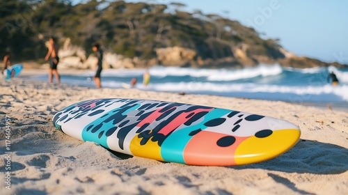 Colorful Surfboard Rests on Sandy Beach Near Ocean