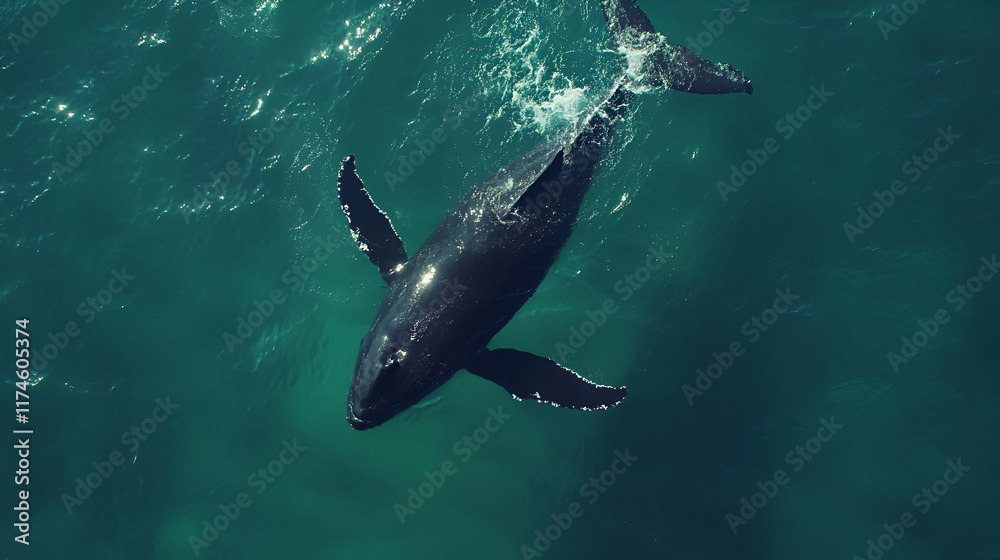 Fototapeta premium A majestic whale emerging from the deep ocean waters, creating a splash with its powerful tail, set against a vast blue horizon