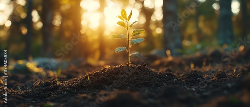 A small, vibrant plant emerging from soil, framed by trees and sunlight, environmental conservation and reforestation concept, new life and growth theme photo