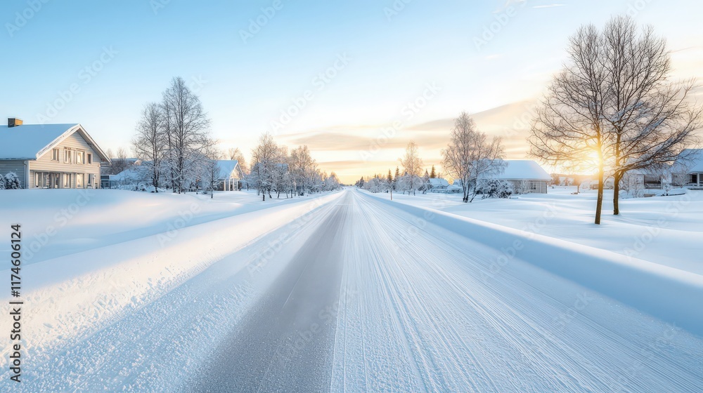 A snowy road with a house in the background A snowy road with a house in the background