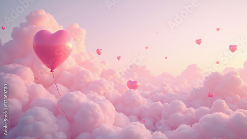 Pink Heart Balloons in Cloudscape for a Dreamy and Romantic Valentine's Day