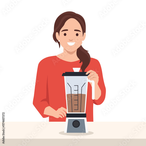 Woman Making a Protein Shake. Flat vector illustration isolated on white background