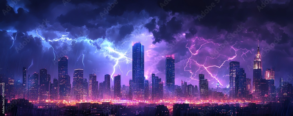 Obraz premium Powerful thunderstorm with lightning striking skyscrapers, dark clouds filling the sky, urban night scene with rain, electric atmosphere, highrise buildings glowing with light