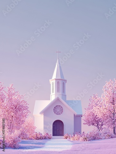 3D render of A scenic view of a church on Easter morning on a pastel purple background, clean background, no copyrighted logo, no letters, no peaple photo