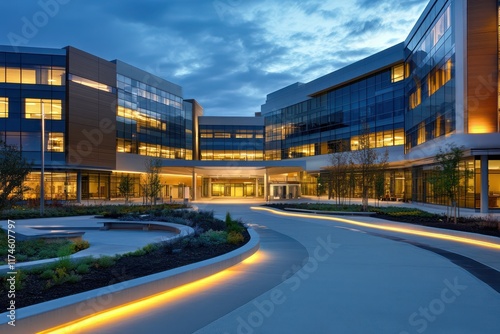 A contemporary hospital with glowing integrated lights, sleek modular designs, and landscaped courtyards