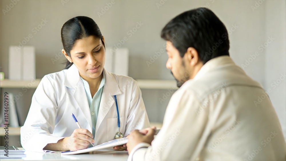 A professional physician in a white medical uniform talks to discuss results or symptoms and gives a recommendation to a male patient and signs a medical paper at an appointment visit in the clinic. A professional physician in a white medical uniform talks to discuss results or symptoms and gives a recommendation to a male patient and signs a medical paper at an appointment visit in the clinic.