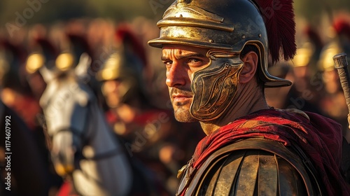 Historical Reenactment of a Roman Cavalry Equites - Close-up Portrait of a Legionnaire on Horseback