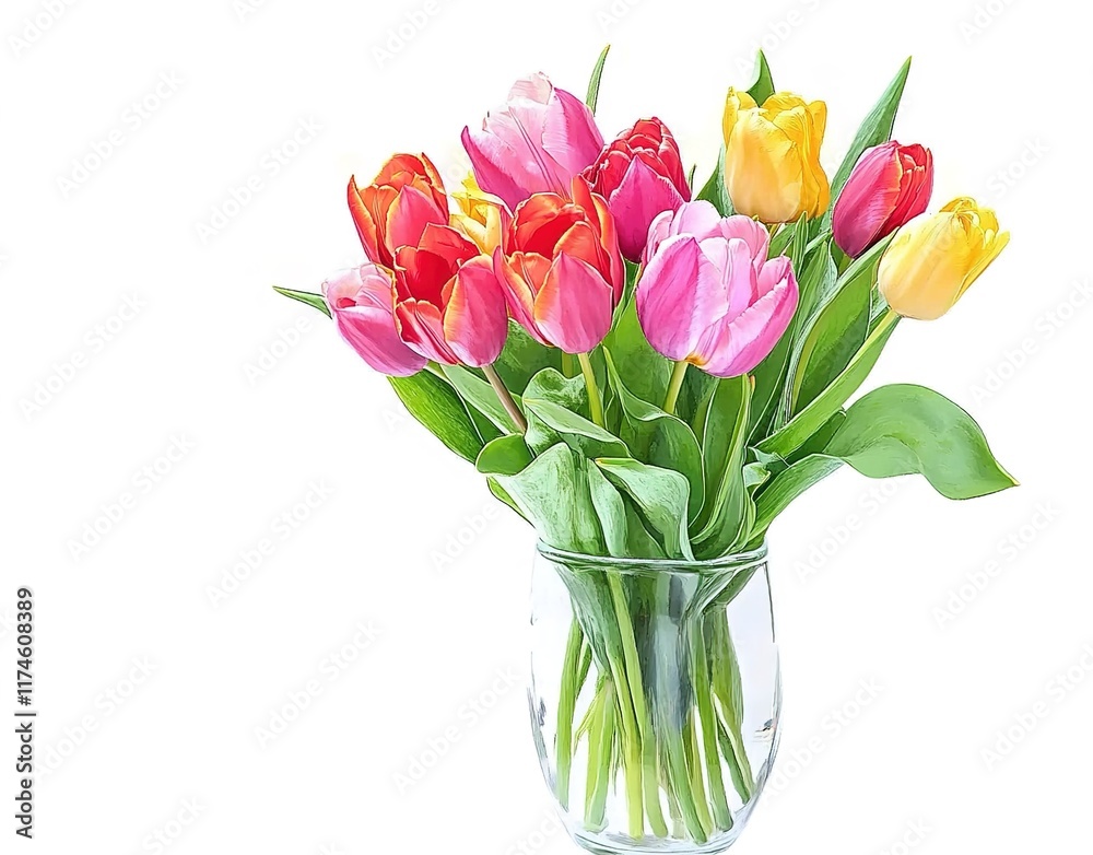 A bouquet of tulips of all colors, placed in a glass vase, stood alone against a white background.