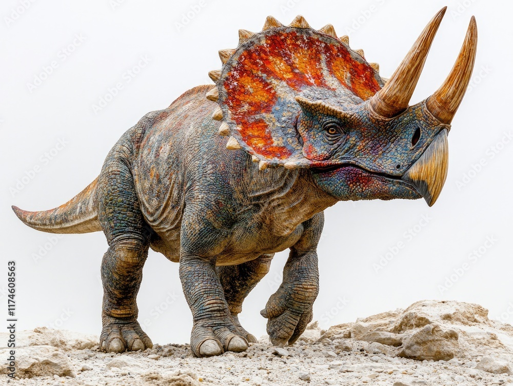 Fototapeta premium A colorful, realistic depiction of a dinosaur resembling a triceratops in a natural setting.